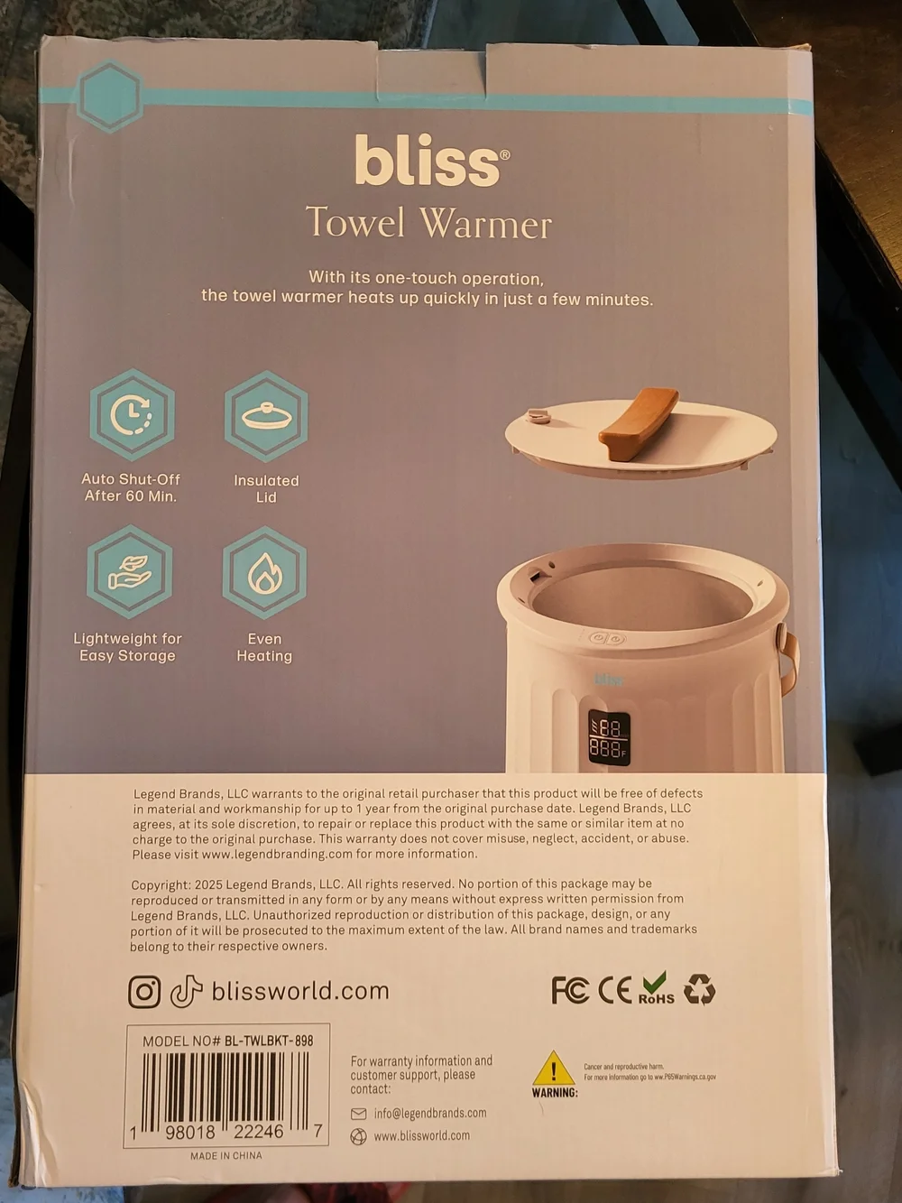 *NEW* PureBliss Luxury Spa Towel Blanket Robe Warmer Heated Bucket Style in Box